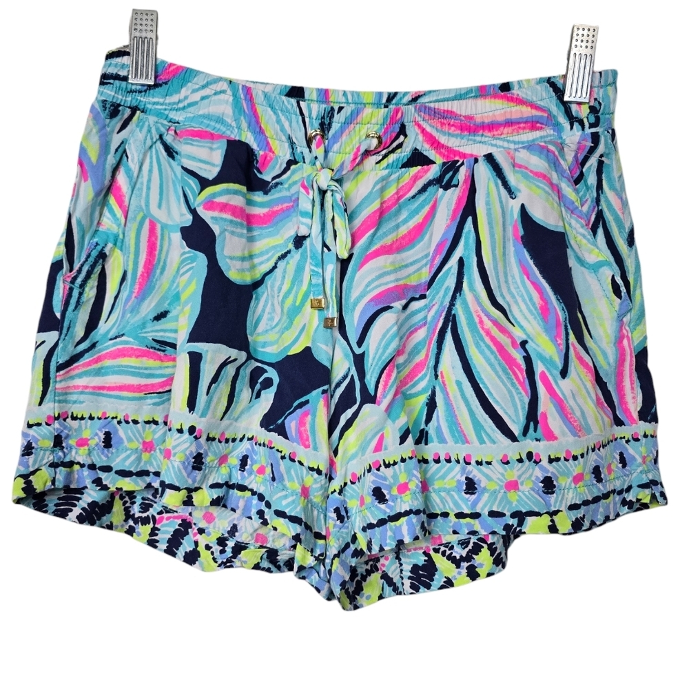 Lilly Pulitzer Katia Pink Blue Drawstrings Pull On Rayon Shorts S